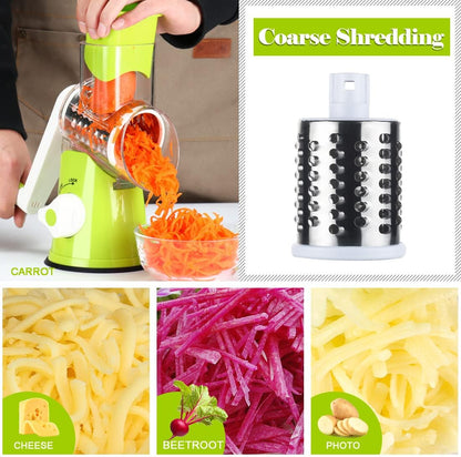 Effortless Rotary Cheese Grater & Mandolin Slicer - Versatile Kitchen Shredder with 3 Blades for Cheese, Vegetables, Nuts, and More - Green