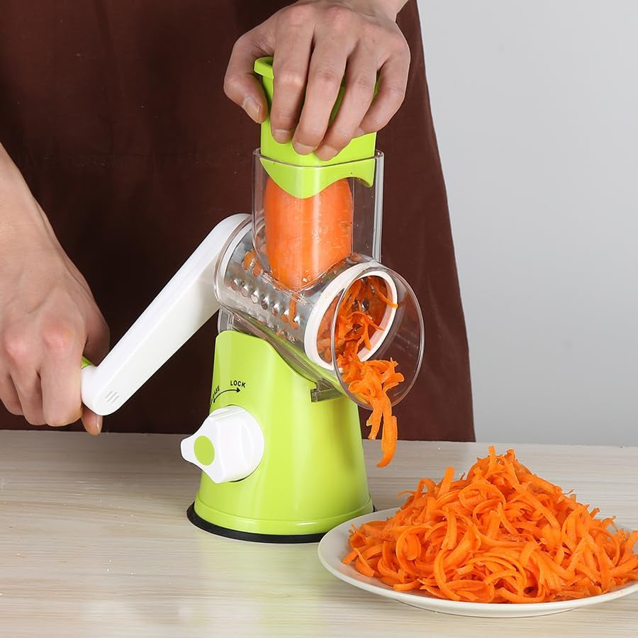 Effortless Rotary Cheese Grater & Mandolin Slicer - Versatile Kitchen Shredder with 3 Blades for Cheese, Vegetables, Nuts, and More - Green