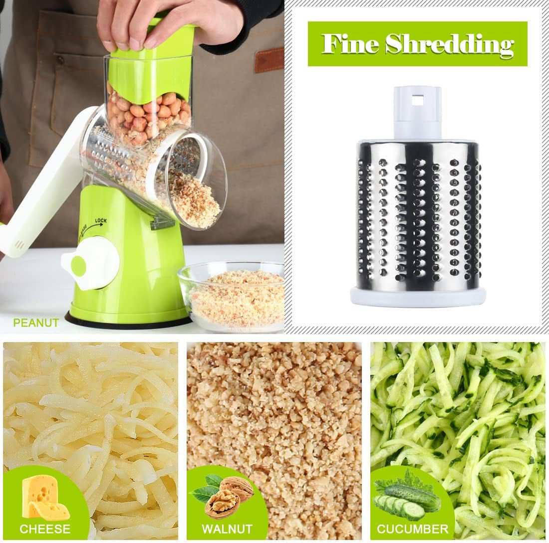 Effortless Rotary Cheese Grater & Mandolin Slicer - Versatile Kitchen Shredder with 3 Blades for Cheese, Vegetables, Nuts, and More - Green