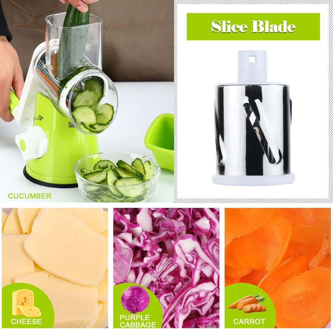 Effortless Rotary Cheese Grater & Mandolin Slicer - Versatile Kitchen Shredder with 3 Blades for Cheese, Vegetables, Nuts, and More - Green