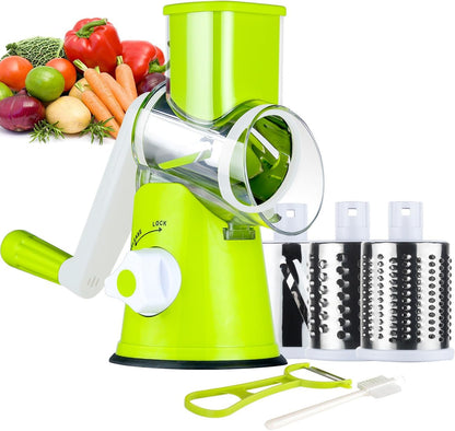 Effortless Rotary Cheese Grater & Mandolin Slicer - Versatile Kitchen Shredder with 3 Blades for Cheese, Vegetables, Nuts, and More - Green